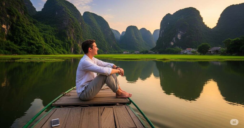 A relaxed man sits on the front of a wooden boat in Ninh Binh, Vietnam, during a golden sunset. He looks out at the calm river and the stunning green limestone karst mountains surrounding him. International eSIM