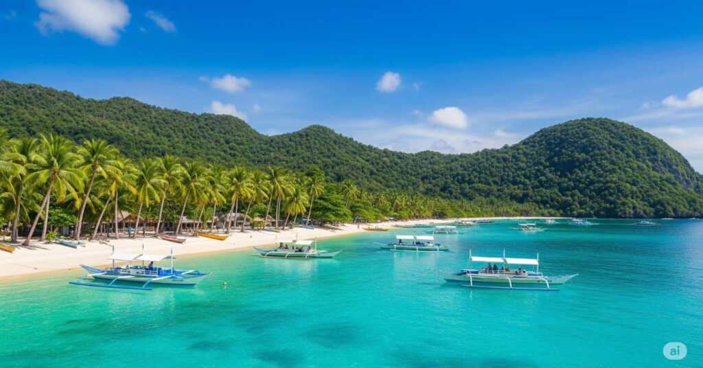 An aerial view of a stunning tropical beach in the Philippines with turquoise water, white sand, palm trees, and several outrigger boats. Lush green hills rise in the background under a clear blue sky.