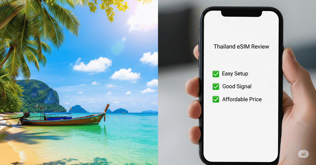A split-screen image: on the left, a traditional long-tail boat on a sunny beach in Thailand; on the right, a hand holds a phone showing a positive 'Thailand eSIM Review' with green checkmarks.