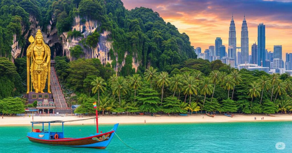 A composite landscape of Malaysia's famous landmarks, showing a traditional boat on turquoise water, a beach leading to the golden Murugan statue at Batu Caves, and the Kuala Lumpur skyline with the Petronas Towers at sunset.