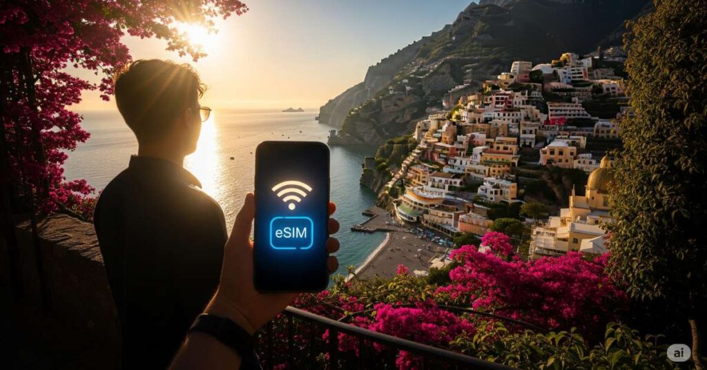 Person holding a smartphone showing an eSIM icon, overlooking a coastal town with colorful buildings and the sea at sunset.