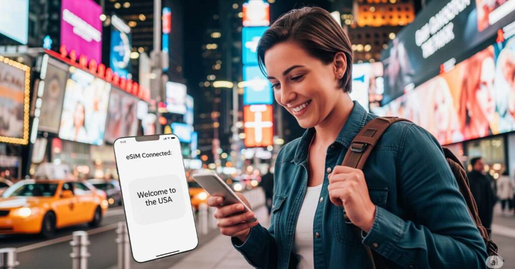 A smiling woman traveller looks at her phone on a busy New York City street. The phone screen says "eSIM Connected: Welcome to the USA," with the bright lights of Times Square and a yellow cab blurred in the background.