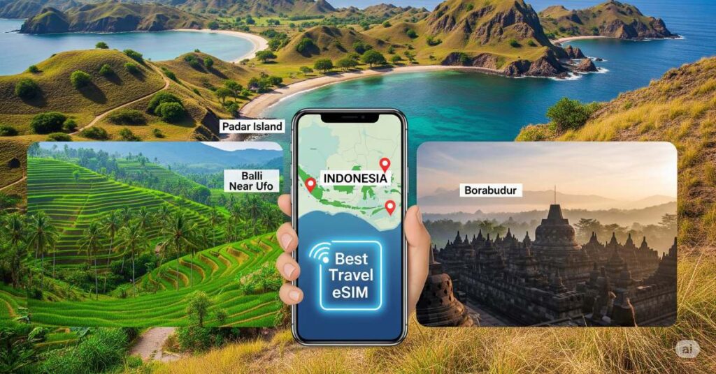 A hand holds a smartphone displaying a map of Indonesia with location markers for Padar Island, Bali, and Borobudur. The phone screen also features the text "Best Travel eSIM". The background shows panoramic views of Padar Island's coastline, Bali's lush rice terraces, and the Borobudur temple at dawn.