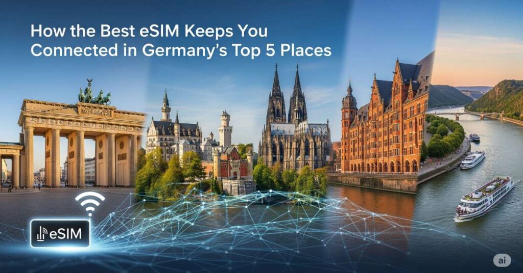 The image displays a panoramic view of five iconic German landmarks subtly blended together, representing the "Top 5 Places" mentioned in the title. From left to right, we see the Brandenburg Gate in Berlin, Neuschwanstein Castle nestled in the Bavarian Alps, the Cologne Cathedral towering over its surroundings, a historic building reflecting in a canal in what appears to be Hamburg, and a picturesque view of the Rhine Valley with riverboats. A network of blue glowing lines overlays these landmarks, visually connecting them and symbolizing digital connectivity. In the bottom left corner, a stylized black rectangle with the white text "eSIM" and a white Wi-Fi signal icon emphasizes the theme of mobile connection. The title "How the Best eSIM Keeps You Connected in Germany's Top 5 Places" is prominently displayed in white at the top center of the image, suggesting the image is for a blog post or article. The overall tone is bright and inviting, showcasing both the beauty of Germany and the ease of staying connected. In the bottom right corner, a faint white "ai" watermark is visible.