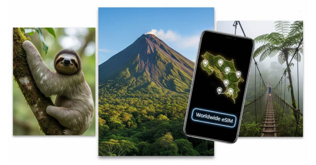 A collage of three images representing Costa Rica, overlaid with a smartphone displaying a map and a "Worldwide eSIM" graphic. The left image shows a sloth hanging in a tree. The center image is of the Arenal Volcano. The right image depicts a person walking on a hanging bridge in a misty rainforest. The smartphone in the center displays a map of Costa Rica with five marked locations and the text "Worldwide eSIM" at the bottom.