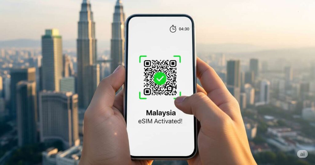A close-up of hands holding a smartphone showing 'Malaysia eSIM Activated!' on the screen with a QR code and a green checkmark. The background is a blurred view of the Petronas Towers in Kuala Lumpur at sunset.