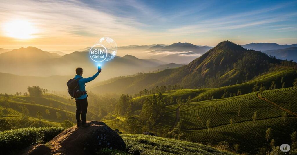 A hiker stands on a rocky outcrop overlooking a stunning vista of rolling green tea plantations and mist-shrouded mountains in Sri Lanka at sunrise, holding up a phone displaying a glowing "eSIM Global" hologram connected to a network globe.