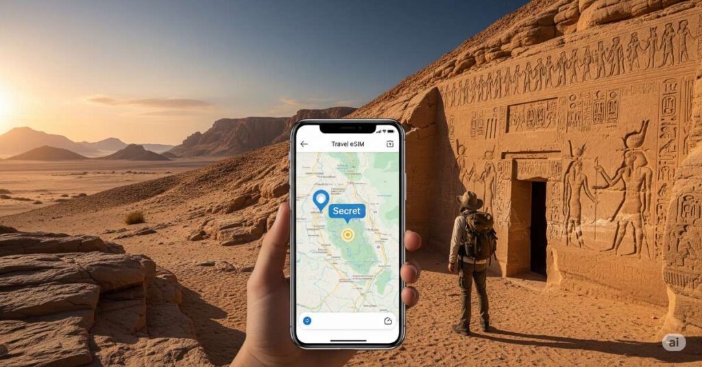 A composite image showing a hand holding a phone with a map pointing to a 'Secret' location in Egypt, while a traveller stands at the entrance of an ancient tomb. travel eSIM