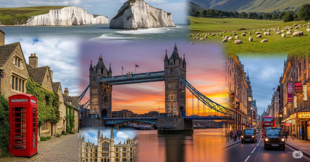 A collage of iconic English scenes, featuring London's Tower Bridge at sunset, the White Cliffs of Dover, a country village with a red telephone box, a bustling London street, and rolling green hills with sheep.