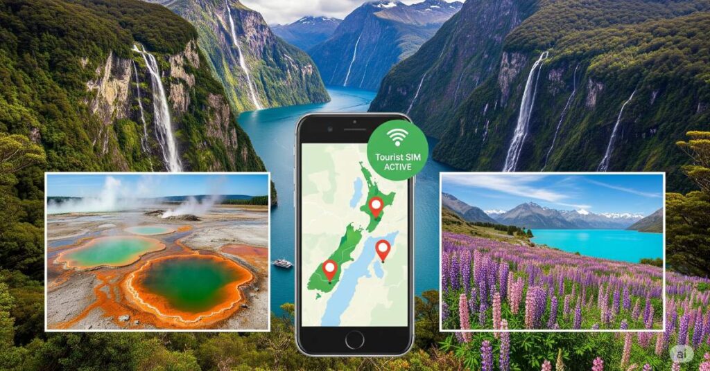 A collage of stunning New Zealand landscapes surrounding a smartphone displaying a map of the country with four red location pins and a "Tourist SIM ACTIVE" indicator. The main background shows Milford Sound with towering cliffs and waterfalls. The left inset image features colourful geothermal pools. The right inset image depicts a field of purple lupins beside a turquoise lake and snow-capped mountains.