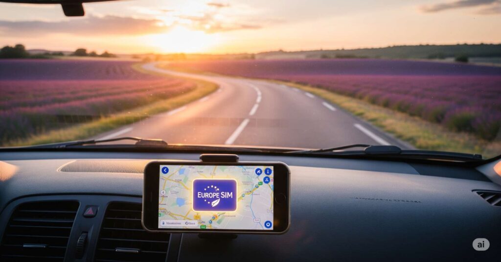 View from inside a car driving on a winding road through vibrant purple lavender fields at sunset, with a smartphone mounted on the dashboard displaying a map and a "Europe SIM" graphic.