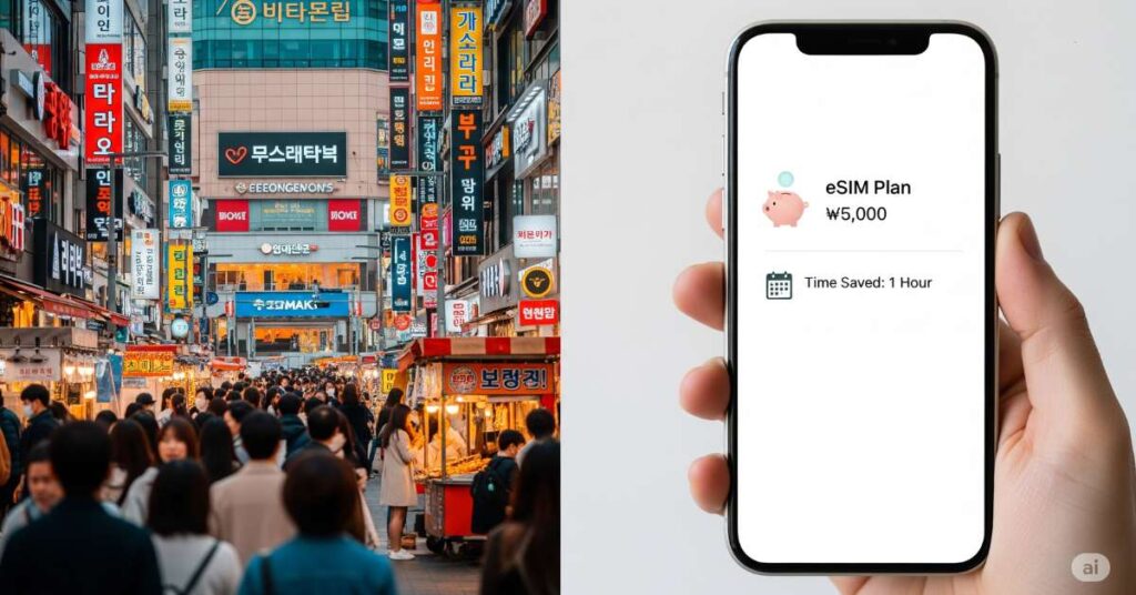 A split image: on the left, a bustling street scene in South Korea with crowds and vibrant signage; on the right, a hand holds a phone displaying an eSIM plan with a piggy bank icon showing savings and a calendar icon indicating time saved. Korea eSIM Plans.
