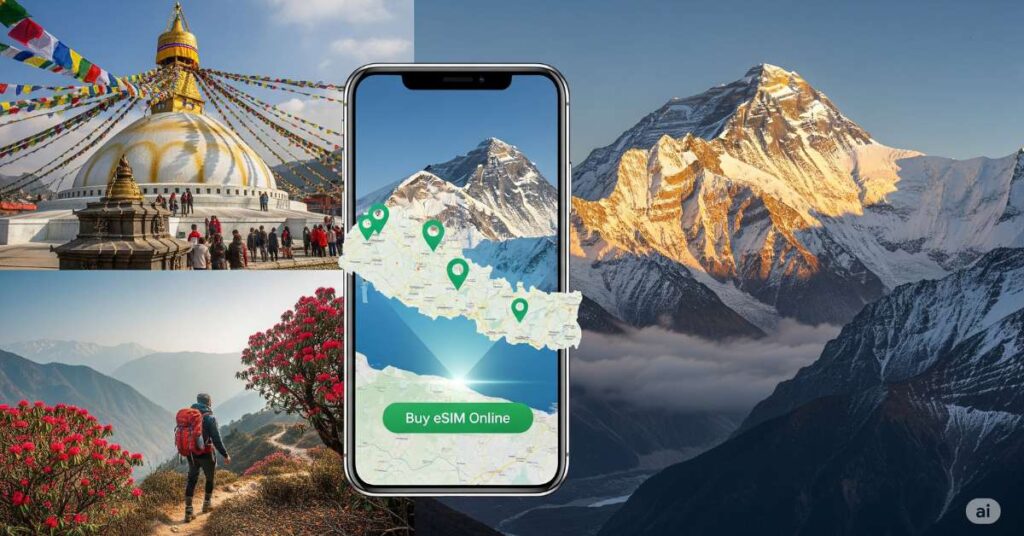 A collage of Nepalese landscapes and landmarks surrounding a smartphone displaying a map of Nepal with six location markers and a "Buy eSIM Online" button. The top left shows the Boudhanath Stupa with prayer flags. The top right features the majestic Mount Everest. The bottom left depicts a trekker on a mountain trail with blooming rhododendrons. The central smartphone displays a map of Nepal highlighting six key areas and a call to action for purchasing an eSIM online.