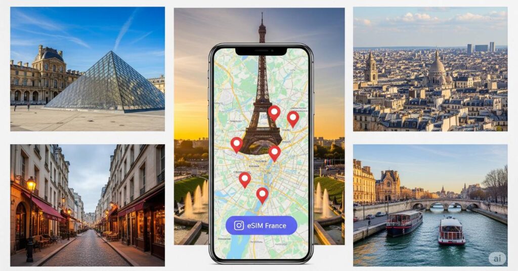 A collage showcasing five iconic locations in Paris surrounding a central smartphone displaying a map with five markers near the Eiffel Tower and the text "eSIM France". The top left shows the Louvre Pyramid. The top right offers a panoramic view of Parisian rooftops with the Sacré-Cœur Basilica in the distance. The bottom left depicts a charming Parisian street with cafes. The bottom right captures boats on the Seine River passing under a bridge. The central smartphone displays a map with red pin markers clustered around the Eiffel Tower and the text "eSIM France" at the bottom, suggesting easy navigation and connectivity to these key Parisian sights.