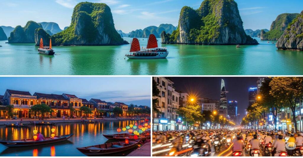 A collage of three iconic Vietnamese scenes: Ha Long Bay with traditional boats, Hoi An's lantern-lit riverside at dusk, and the bustling motorbike traffic in Ho Chi Minh City at night.