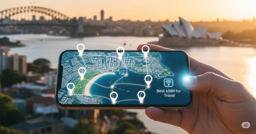 A person holds a smartphone displaying a map of Sydney with six glowing location pins connected by lines, against a blurred background of the Sydney Harbour Bridge and Opera House at sunset. The phone screen also features a glowing "Best eSIM for Travel" banner.