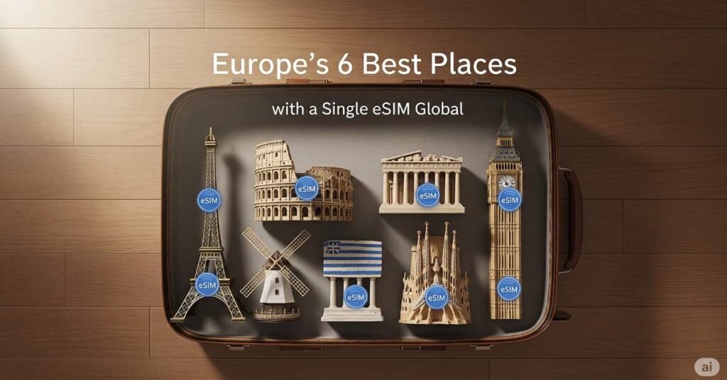A travel-themed image showing a suitcase with miniature models of famous European landmarks like the Eiffel Tower and Colosseum, each with an "eSIM" logo, illustrating the concept of using a single eSIM for global travel.