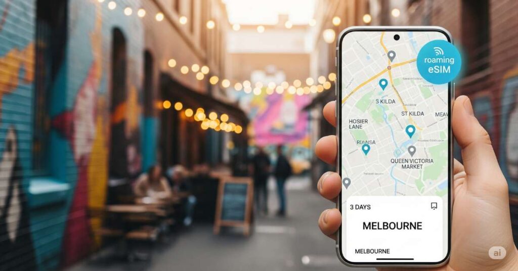 A hand holds a smartphone displaying a map of Melbourne with several pinned locations (St Kilda, Hosier Lane, Queen Victoria Market) and a "roaming eSIM" graphic, against a blurred background of a Melbourne laneway with string lights and street art.