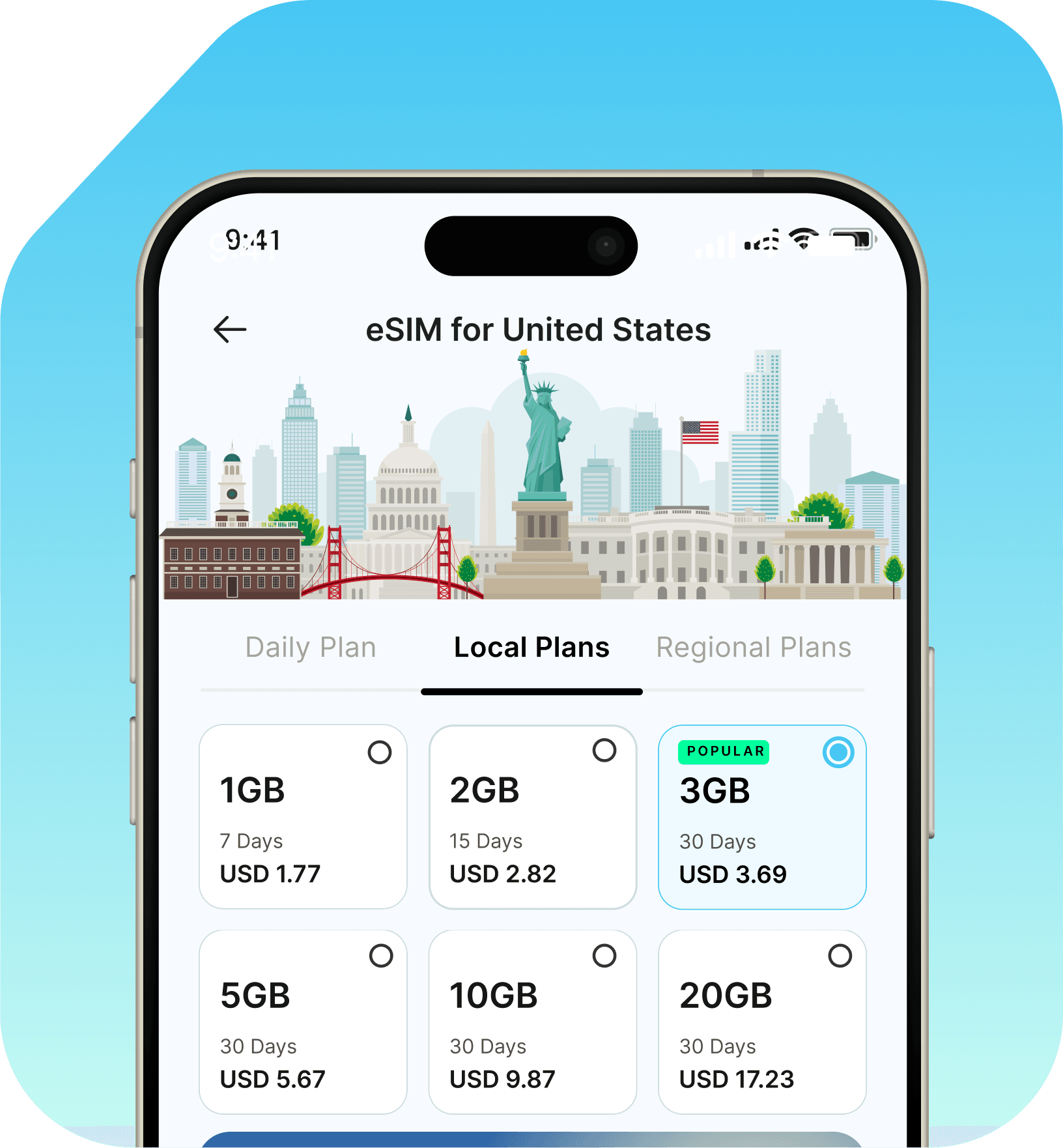 Choose your destination and data package in Commbitz app
