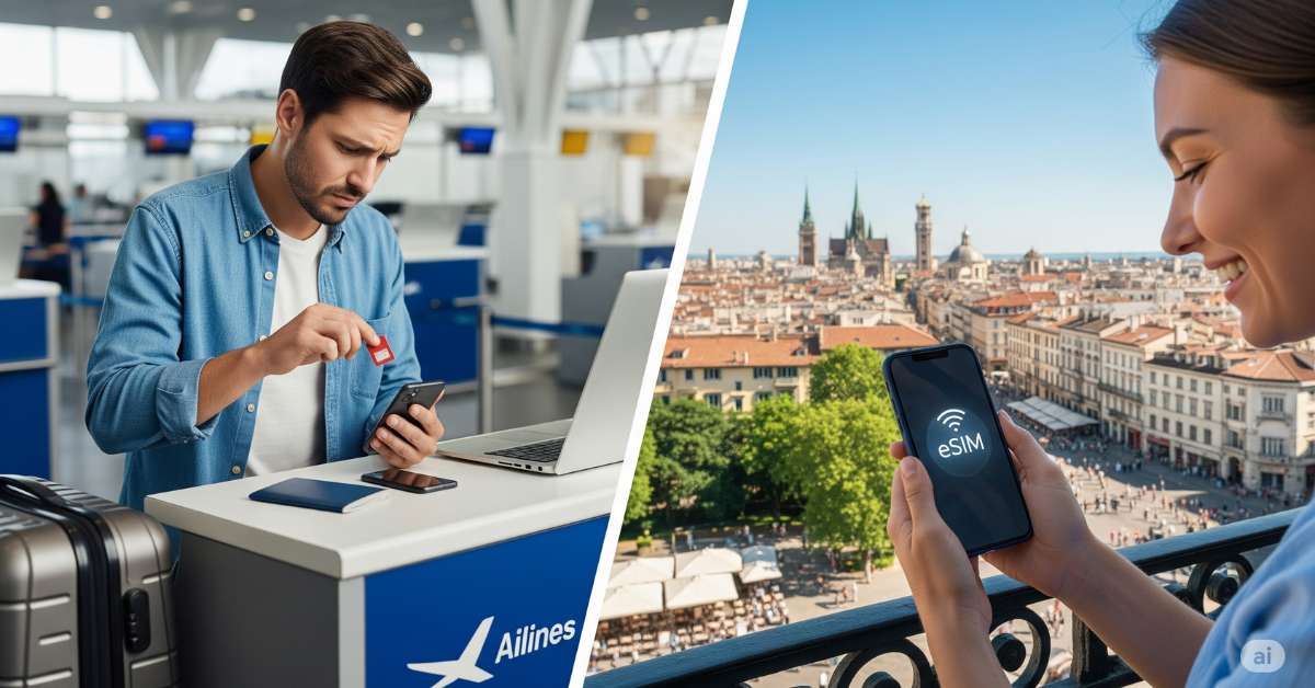 A split-screen image comparing SIM cards. On the left, a frustrated man struggles with a physical SIM at an airport counter. On the right, a happy woman holds a phone displaying an eSIM logo while on a sunny balcony overlooking a European city. eSIMs and Physical SIMs Compared