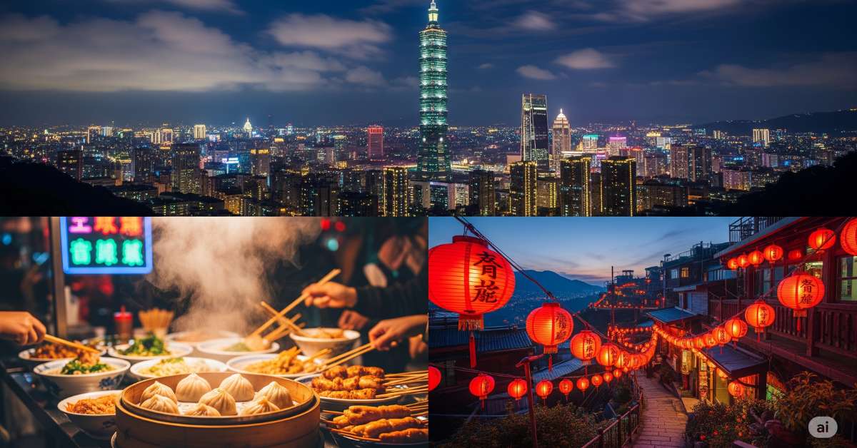 A three-panel collage showing Taiwan's attractions: the top panel is the Taipei skyline at night with Taipei 101, the bottom-left is a close-up of night market street food, and the bottom-right is an alley lit by red lanterns.