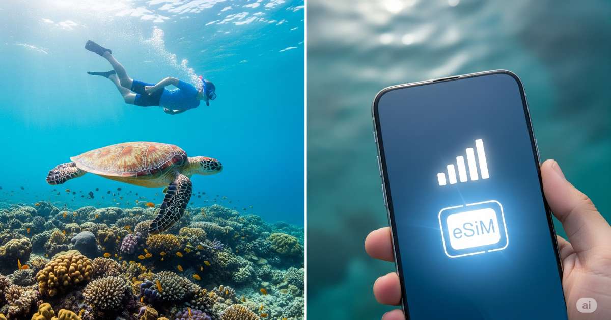 A split image: on the left, a snorkeler swims alongside a sea turtle over a vibrant coral reef in clear turquoise water; on the right, a hand holds a smartphone displaying a strong mobile signal icon and an eSIM symbol over blurred ocean water.