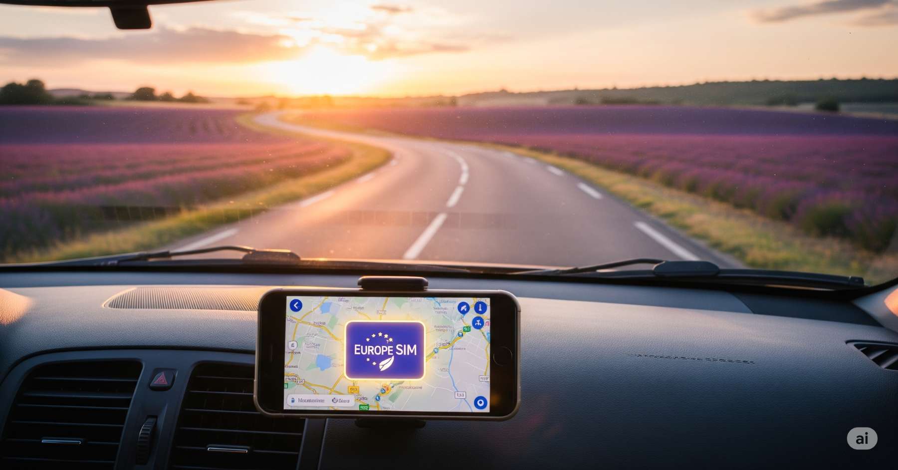 View from inside a car driving on a winding road through vibrant purple lavender fields at sunset, with a smartphone mounted on the dashboard displaying a map and a 