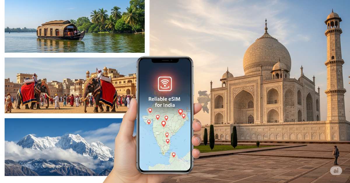 A collage of iconic Indian scenes: a white marble mausoleum at sunrise, serene backwaters with a houseboat, a colourful desert festival, and snowy mountains. A central smartphone shows a map of India with pins and a 'Reliable eSIM for India' icon.