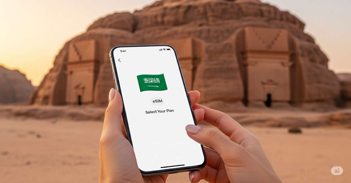A close-up of hands holding a smartphone. The screen shows the Saudi Arabia flag and text inviting the user to select an eSIM plan. The background is a golden-hour view of the ancient tombs of Hegra in Al-Ula.
