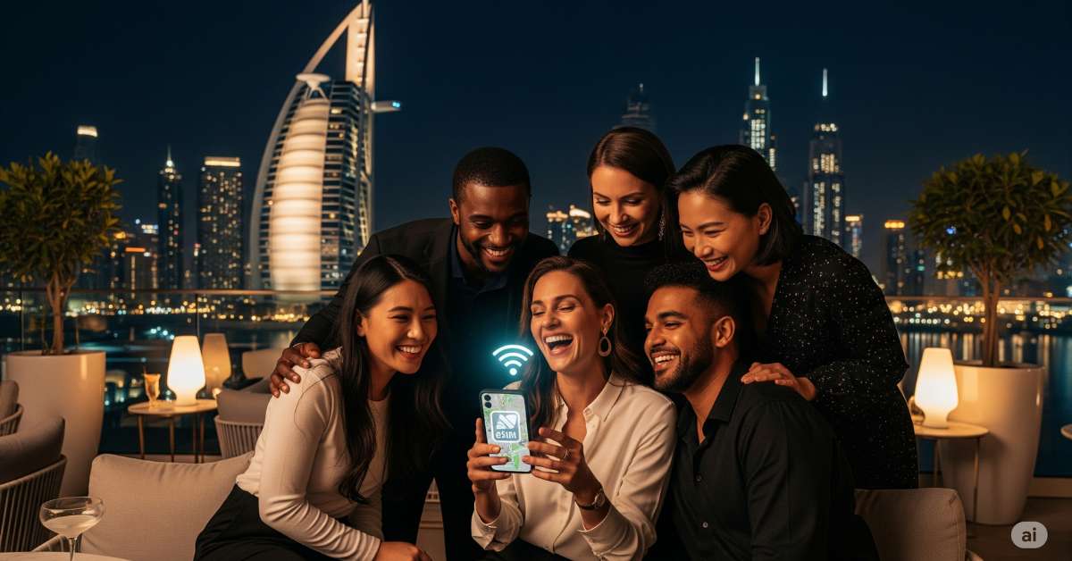 A diverse group of friends laughs together while looking at a smartphone at a rooftop bar in Dubai at night. The phone displays a glowing eSIM logo, with the Burj Al Arab visible in the background.