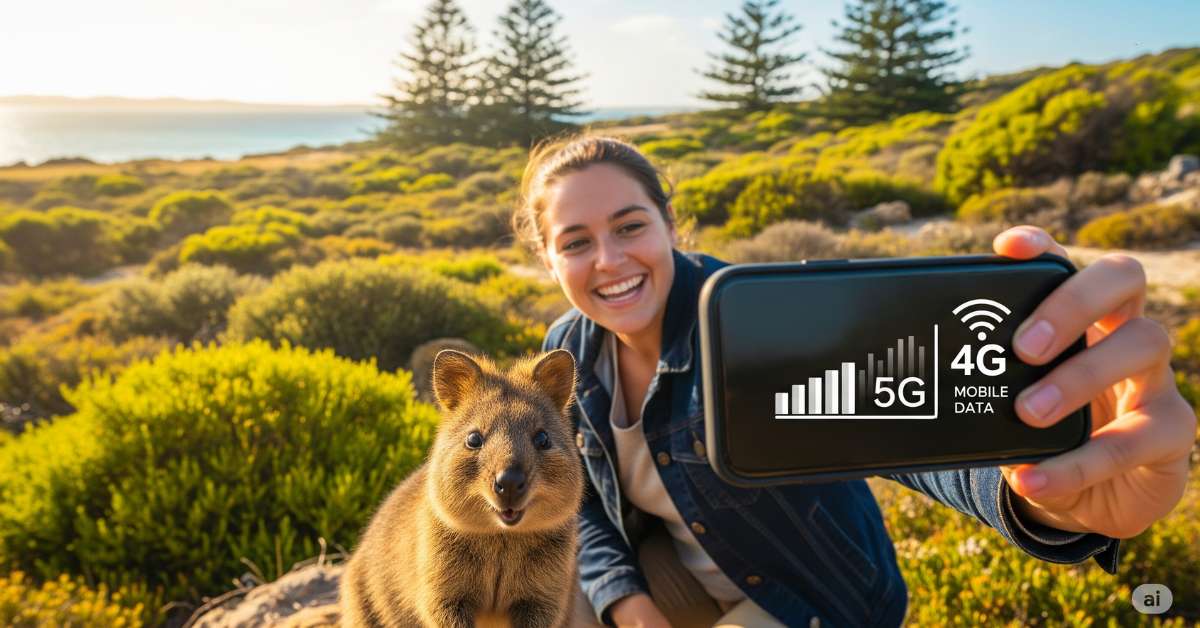 A smiling woman takes a selfie with a quokka on Rottnest Island, holding her phone up to show a strong 5G and 4G mobile data signal.