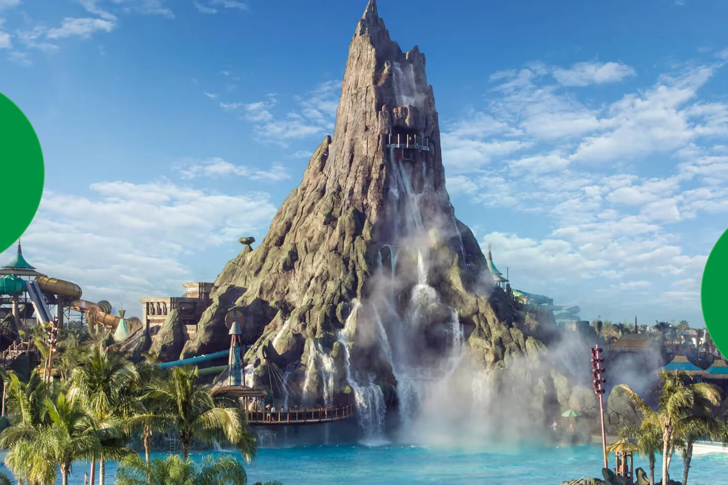 Aerial view of Universal’s Volcano Bay water park in Orlando with the towering Krakatau volcano